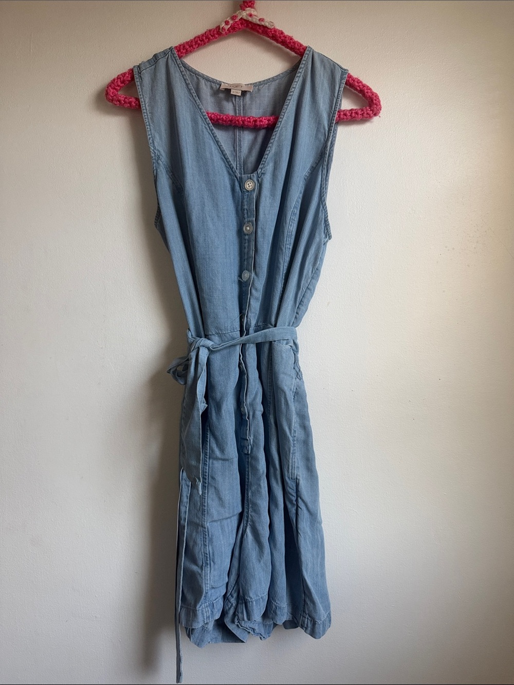 LOFT Outlet Chambray Sleeveless Button Front Tie Waist Romper Size Medium